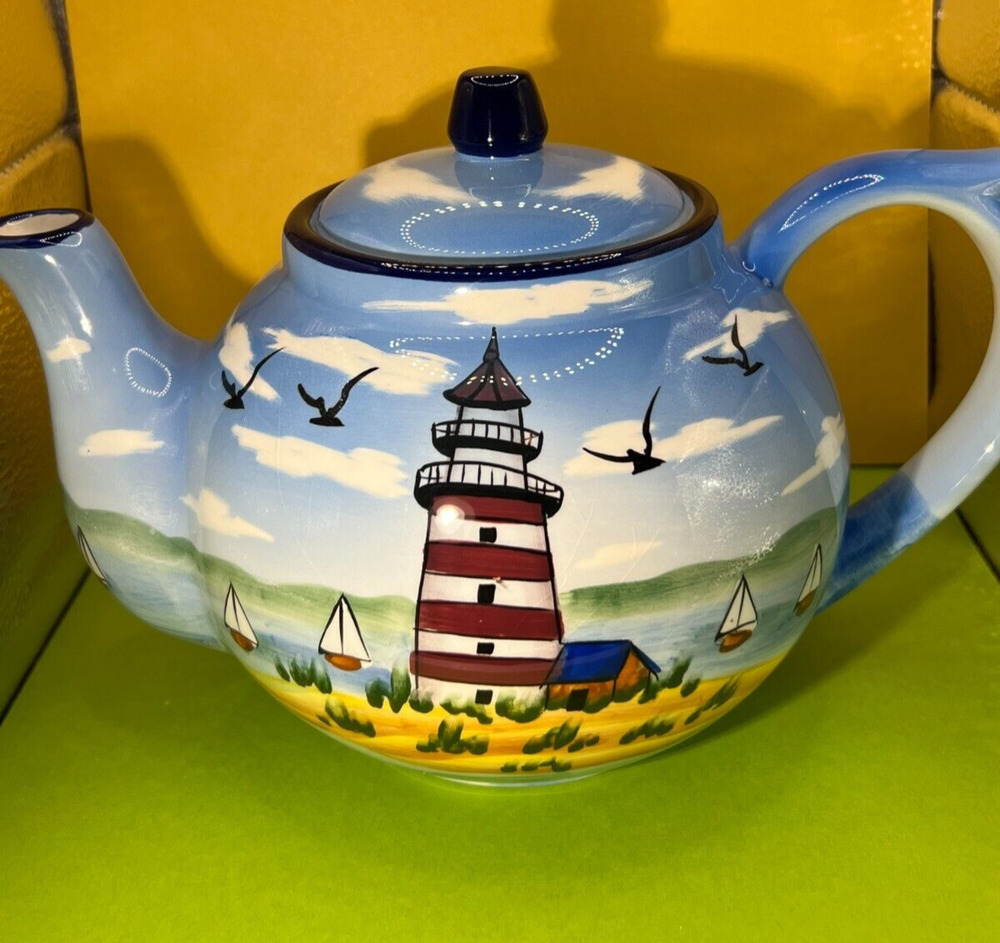 2004 TMD Nautical lighthouse & Sailboats & Seagull's Scene teapot VTG *Read Desc